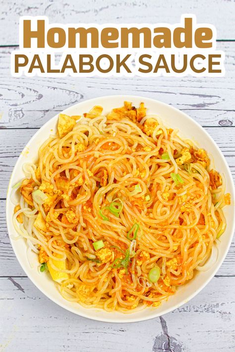 This Vegetarian Palabok is a quick and easy Filipino noodle dish recipe that is perfect for fiestas, potlucks or any special occasion. It's a savory, filling, and healthy vegetarian dish that everyone will love. Try and enjoy! Filipino Noodle Recipes, Palabok Recipe Filipino Food, Palabok Sauce, Pancit Recipe Filipino, Pancit Palabok Recipe, Palabok Recipe, Pancit Recipe, Easy Sauce Recipe, Filipino Dish