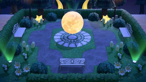 Acnh Moon Path Design, Animal Crossing Moon Ideas, Acnh Moon Garden, Animal Crossing Moon Island, Acnh Moon Design, Acnh Astronomy Area, Acnh Moon Ideas, Acnh Club, Moon Animal Crossing