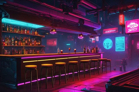 Futuristic Bar, Cyberpunk Steampunk, Basement Bar Designs, Odd Jobs, Bar Designs, Basement Bar, City That Never Sleeps, Bar Design, Larp