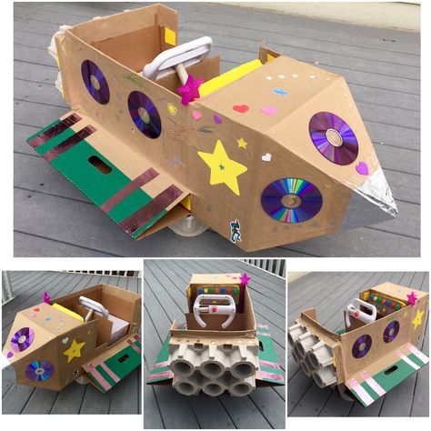 Cardboard Box Spaceship Diy Crafts With Cardboard, Crafts With Cardboard, Cardboard Spaceship, Cardboard Rocket, Cardboard Crafts Kids, Diy Rocket, Easy Homemade Christmas Gifts, Carton Diy, Cardboard Box Crafts