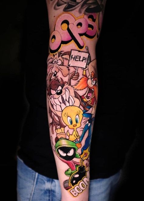 Tattoos Sleeves For Guys, Cartoon Network Tattoo Ideas Sleeve, Looney Tunes Sleeve Tattoo, Looney Tune Tattoos, Colorful Cartoon Tattoos, Looney Tunes Tattoos, Color Tattoos Men, Colored Tattoo For Men, Color Tattoo For Men Arm