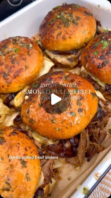 Nikitta Louise L on Instagram: "Garlic pulled beef sliders! AD Welcome back to the final part of my series of recipes perfect for bringing to outside in this summer with the help of the @ninjakitchenuk Woodfire from @ao. For this recipe I used the smoker function to make the perfect smoky pulled beef, cooked low and slow for 6 hours. Don’t forget there is currently free delivery on all Shark & Ninja products at @ao but for a limited time only! The beef is served on soft brioche buns with caramelised onions & cheese then topped with garlic butter. They are super filling so can either be served on their own or with chips, salad & corn. Be warned, your guest will want to keep coming back for more! To make 12 sliders you will need: For beef - 1.5kg beef brisket 3 tbsp english mustard 3 tbsp ol Pulled Beef Sliders, Sliders Recipes Beef, English Mustard, Caramelised Onions, Beef Wraps, Pulled Beef, Beef Sliders, Slow Cooked Beef, Beef Sandwich