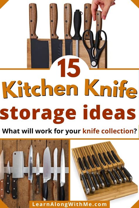 Is your current knife block or knife drawer not "cutting" it anymore?  There are lots of other options out there.
In this article we look at several kitchen knife storage ideas including magnetic knife blocks, wall-mounted options, and ways to better organize a knife drawer.

Check it out today and see what'll work for your knife collection.


#kitchenknifestorageideas  #knifestorage  #knifestorageideas  #kitchenstorage Farmhouse Kitchen Knife Block, Creative Knife Storage, Sharp Knife Storage, Under Cabinet Knife Holder, Kitchen Knives Storage Ideas, Knife Block Alternative, Storing Knives In Kitchen, Under Cabinet Knife Storage Diy, Kitchen Knife Block Counter Space