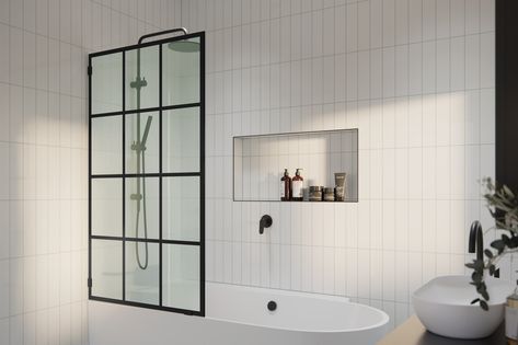 Make a striking statement in your bathroom with the eye-catching design of the Esprit, our fixed bathtub shower panel. High-quality glass enhances the light in your space, while the industrial aesthetic introduces a contemporary feel. Each 3/8-in tempered frameless glass panel comes in a standard 60-in height and is treated with EnduroShield coating, which aids in repelling water and soap residue. In addition, our superior quality solid brass hardware is available in a variety of color finishes Glass Shower With Tub, Glass Doors Bathtub, Modern Bathtub With Glass Door, Bathtub With Half Glass Wall, Arched Glass Tub Door, Bathtub With Black Glass Door, Bath Tub Glass Barn Door, Tiny Wet Room, Bathtub With Glass Door