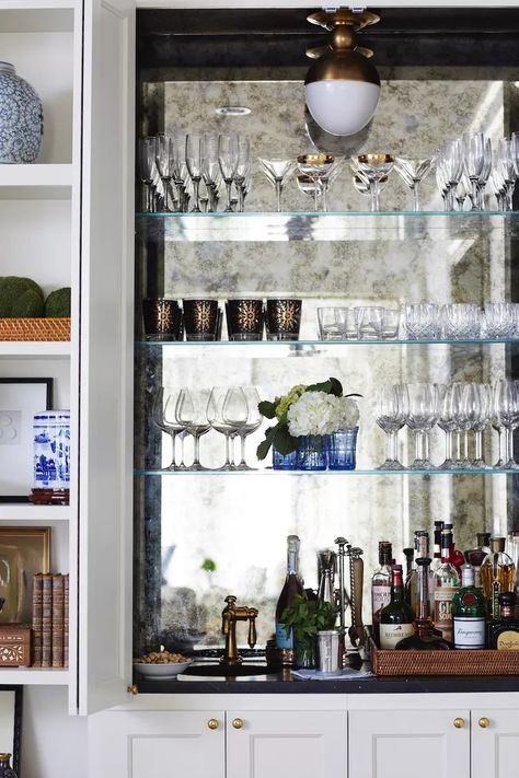 40 Bar Shelf Ideas to Keep Your Home Bar Looking Sharp Built In Bar Ideas, Wet Bar Makeover, Bar Butlers Pantry, Bar Shelf Ideas, Bar In Living Room, Shelf Coffee Bar, Bar Closet, Wine Nook, Luxury Basement