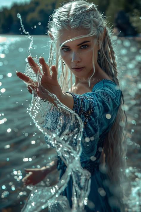 Fantasy Photo Reference, Lighting Powers Aesthetic, Fantasy Reference Photos, Nature Powers, Water Mage, Fantasy Poses, Underwater People, Water Queen, Woman With Wings