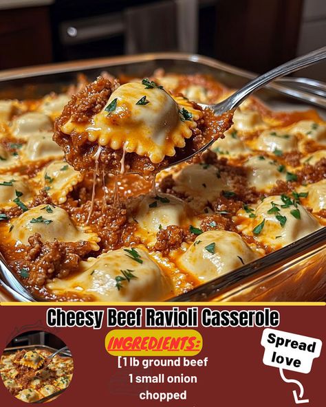 Cheesy Beef Ravioli Casserole Baked Ravioli Casserole, Beef Ravioli, Dinner Soup Recipes, Baked Ravioli, Cheese Stuffed Meatloaf, Ravioli Casserole, Chicken Cake, Breakfast Enchiladas, Ravioli Bake