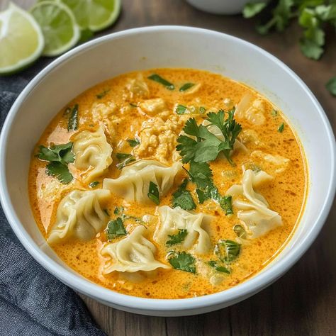 Try this quick and easy Thai Red Curry Dumpling Soup recipe! Packed with bold flavors, it's ready in 30 minutes and perfect for weeknights. Soup Recipes Curry, Thai Coconut Curry Dumpling Soup, Thai Curry Dumpling Soup, Recipes For Illness, Easy Thai Red Curry Dumpling Soup, Red Thai Curry Wonton Soup, Thai Red Curry Dumpling Soup, Red Curry Wonton Soup, Red Curry Dumpling Soup