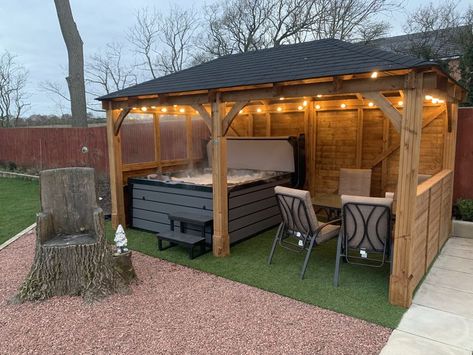 Gazebo Ideas Backyard With Hot Tub, Hot Tub Garden Ideas Privacy Screens, Patio With Gazebo And Hot Tub, Hot Tub Deck With Bar, Screened Hot Tub Enclosure, Hot Tub Pavilion, Hot Tub And Bbq Area, Outside Hot Tub Area, Hot Tub In Gazebo