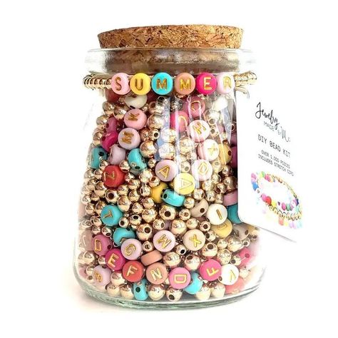 Wholesale Summer Jar Diy Bead Kit for your store | Faire Stretch Bracelets Diy, Xmas Gifts For Kids, Gold Stretch Bracelet, Jewelry Kit, Diy Bracelets Tutorials, Kit Ideas, Jewelry Making Kits, Kid Craft, Cork Lid