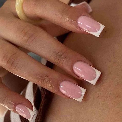 Almond Acrylic Nails Blue, Pink Fake Nails, Press On Nails Pink, Glossy Nails, Solar Nails, Fast Nail, White Tip Nails, French Tip Press On Nails, Ombre Acrylic Nails