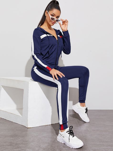 Contrast Panel Zip Up Hoodie & Sweatpants | SHEIN USA Drop Shoulder Coat, Cute Sweatpants Outfit, Striped Sweatpants, Hot Sweater, Sweatpants Outfit, Hoodie And Sweatpants, Color Block Top, Zip Up Hoodies, Tops Fall