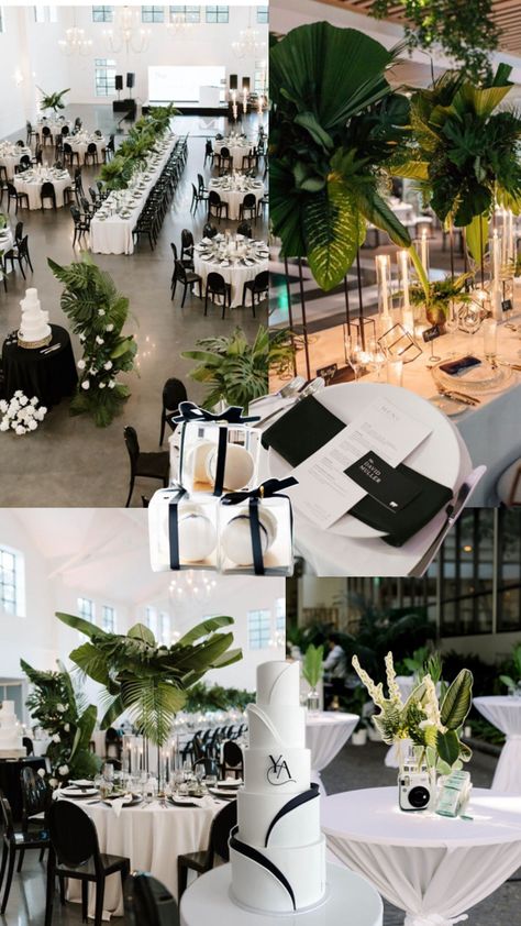 Black Champagne Wedding, Engagement Party Dinner, Classic Black And White Wedding, Wedding Ceremony Setup, Gala Decorations, Tropical Wedding Theme, Tropical Glam, Black And White Wedding Theme, White Wedding Theme