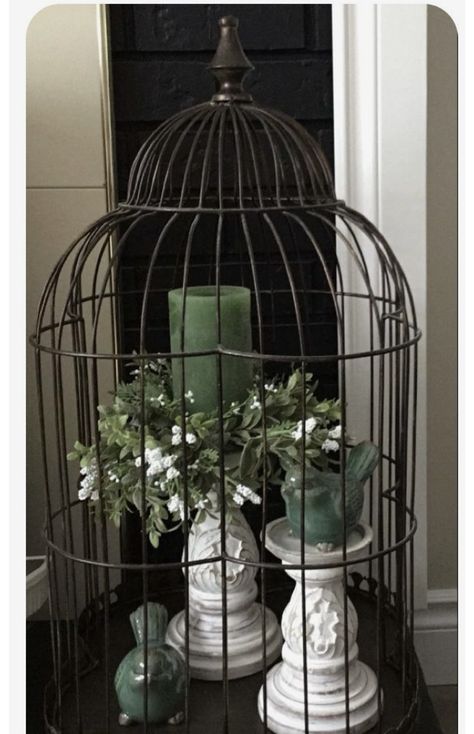 Plant Stand Storage, Outdoor Birdcage Ideas, How To Style A Birdcage, Small Bird Cage Decor Ideas, How To Decorate A Bird Cage, Old Bird Cage Ideas Decor, How To Decorate A Birdcage, Bird Cage Decor Farmhouse, Vinettes Vignettes Decorating Ideas