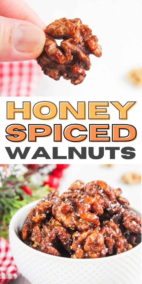 Sweet, spicy, and perfectly crunchy! These honey spiced walnuts are made in the air fryer for a quick and easy snack or topping. Ready in minutes Nut Recipes Snacks, Walnut Snacks, Recipes With Walnuts, Spiced Walnuts Recipe, Spicy Walnuts, Spiced Walnuts, Desserts For Two, Candy Homemade, Nuts Snacks