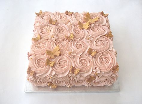 Rose Gold Swirl Butterfly Cake Rose Gold Sheet Cake, Square Cake Designs Birthday Women, Gold Sheet Cake, Square Cake Designs, Gold Butterfly Cake, Fondant Butterflies, Square Birthday Cake, Square Cake Design, Gold Fondant