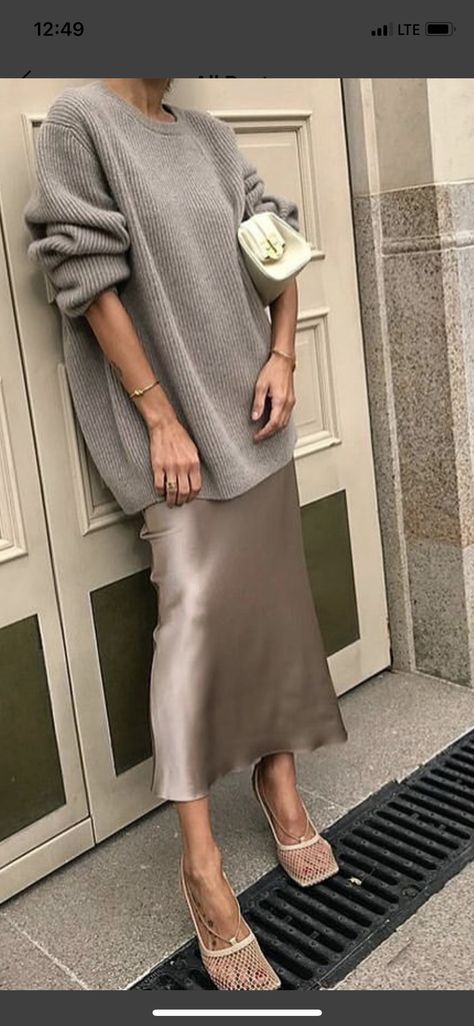 Style A Slip Dress, How To Style A Slip Dress, Layers Fashion, Slip Dress Layering, Taupe Outfit, Knitted Top Outfit, Silk Skirt Outfit, Casual Maternity Outfits, Dress Layering