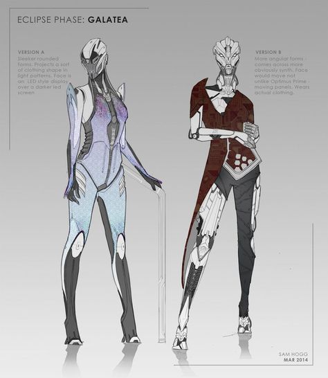 Eclipse Phase work by Sam Hogg  Three of a number of characters I've created for PostHuman Studios 'Eclipse Phase' RPG. Thought I'd include some of the ideation processes too. Eclipse Phase Rpg, Sci Fi Species, Alien X Human, Nova Space, Robot Inspiration, Sci Fi Robots, Story Concept Art, Space Comic, Ideation Process