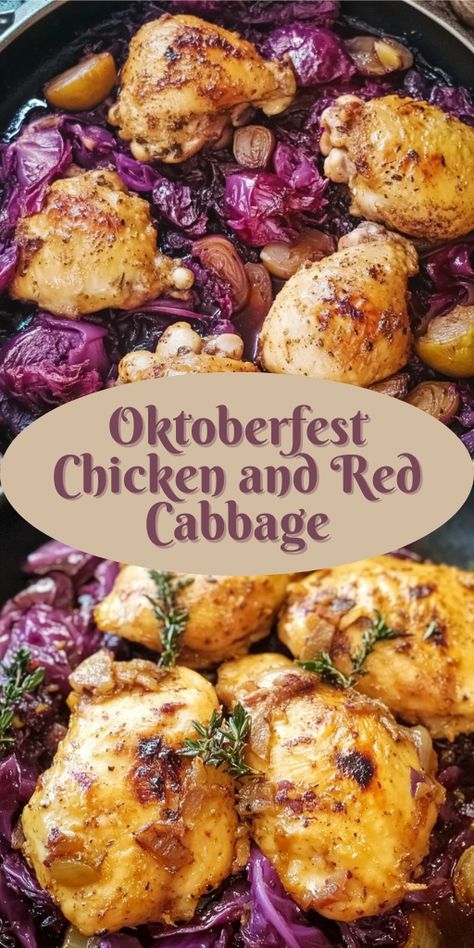 Celebrate the flavors of Bavaria with this Oktoberfest Chicken and Red Cabbage recipe! 🍂🥨 Juicy chicken thighs cooked with crispy bacon, tart apples, and tangy red cabbage make this dish a perfect blend of savory and sweet. Ideal for fall dinners or Oktoberfest celebrations. Pair with a cold beer for a true German experience! 👉 Pin now to bring this authentic Oktoberfest meal to your table! #OktoberfestRecipes #ChickenRecipes #GermanFood #RedCabbage #FallDinners #BavarianFood #ComfortFood Red Cabbage And Bacon Recipes, Chicken And Red Cabbage Recipes, Red Cabbage Recipes Dinners, Recipes With Red Cabbage, Red Cabbage With Bacon, German Chicken, German Cabbage, Bacon Tart, German Red Cabbage