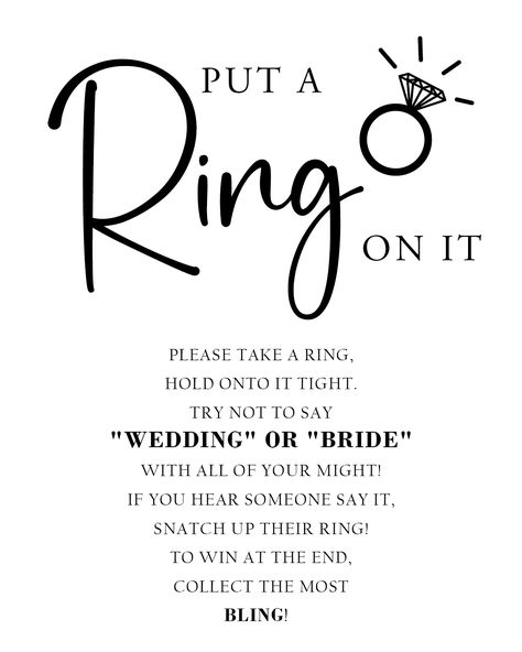 Bridal Shower Ring Game: Basic Rules + Free Printable Sign - Details for Weddings Bridal Shower Ring Game Printable Free, Ring Game For Bridal Party, Bridal Shower Mad Libs Free Printable, Put A Ring On It Bridal Shower Game, Ring Game Bridal Shower Signs, Ring Hunt Bridal Shower Game, Wedding Shower Games Free Printables, Bridal Shower Ring Game, Bridal Shower Games Free Printables