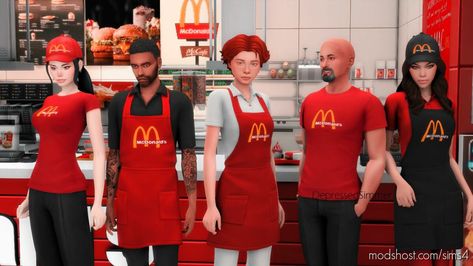 McDonald’s Uniforms + CAP mod for Sims 4 at ModsHost! A set of a t-shirt, an apron, and a cap. T-Shirt + Cap (Base-game compatible) Aprons: three swatches (Dine Out needed) Teen-Elder (Female-Male) I hope you like it! Feel free to include it in your lots. Sims 4 Cc Mcdonalds, Sims 4 Restaurant Uniform Cc, Mcdonalds Outfit, Fast Food Uniform, Starbucks Uniform, Mcdonalds Uniform, Starbucks Outfit, Sims 4 Restaurant, Waitress Outfit