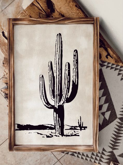 Cactus Wood Sign, Western Wood Signs, Cactus Wood, Cactus Paintings, Burned Wood, Painted Wooden Signs, Painted Desert, Western Desert, Rv Makeover