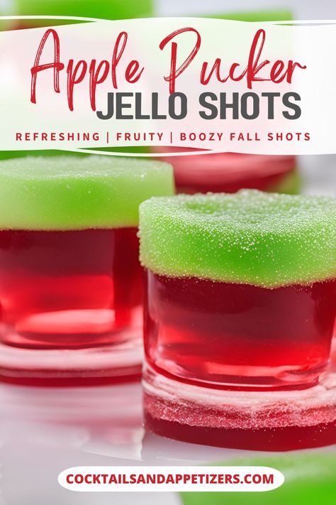 These easy apple pucker jello shots are a great boozy treat for parties and game day. DeKuyper Sour Apple Pucker combines with Fireball and Cranberry Jello for a alcoholic jello shot recipe that is simple to make. Garnish with an candy apple ring for serving at Fall parties, Halloween or anytime! Jell-o Shots With Vodka, Halloween Alcoholic Jello Shots, Sour Apple Pucker Jello Shots, Jello Shots Fall, Christmas Jello Shots Recipes, Apple Pucker Jello Shots, Winter Jello Shots, Halloween Themed Jello Shots, Halloween Shots Jello