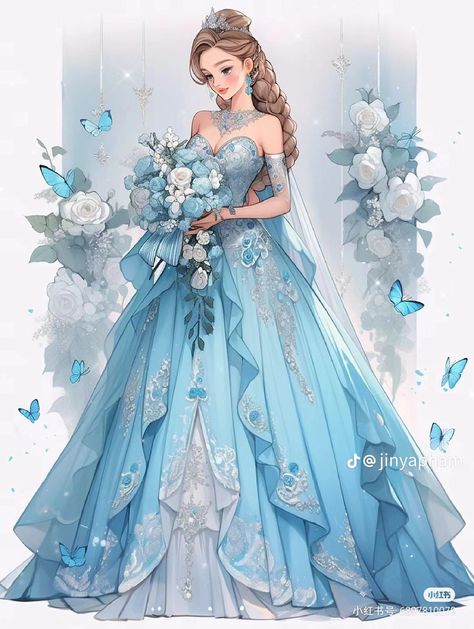 Blue Fantasy Dress, Unique Dress Design, Light Blue Gown, Blue Gowns, Colorful Clothes, Writing Prompts For Writers, Light Blue Dress, Unique Dress, Light Blue Dresses