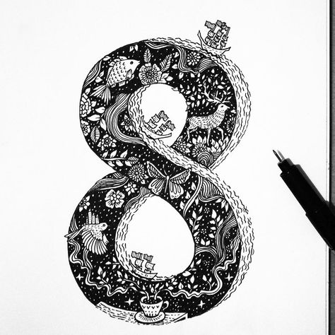 Number "8" is for eight worlds of wonder... // #eight #8 #graphicdesign #illustration #drawing #ink #typography #type #animals #handmade… Number 8 Tattoo, Geometric Logo Inspiration, 8 Tattoo, Top Paintings, Number Drawing, Maori Designs, Days Of Type, Drawing Games, Creative Lettering