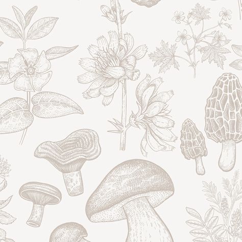 Timberlea Wallpaper.Peel and Stick Wallpaper. Mushroom Garden Wallpaper. – Timberlea Interiors Drawn Mushrooms, Mushrooms Wallpaper, Cottage Wallpaper, Neutral Backdrop, Mushroom Garden, Mushroom Wallpaper, White Palette, Garden Wallpaper, Interior Wallpaper