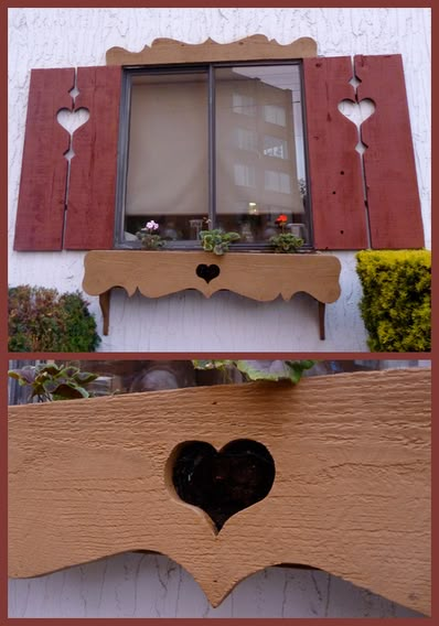 Exterior House Shutters Ideas, Outdoor Window Design, Heart Shutters, Window Shapes, Cottage Shutters, Windows Frame, Rustic Shutters, Wooden Window Frames, Outdoor Window