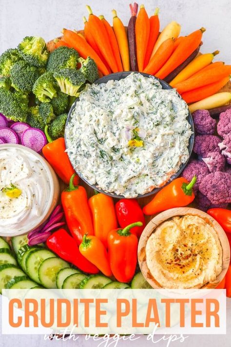 How to make a beautiful Crudite Platter with vegetables and dips. I am sharing my favorite veggie dip recipes, what vegetables to put on a veggie tray, and how to arrange one. It is so easy to make a stunning vegetable platter! Vegetable Platter Ideas, Veggie Dip Recipes, Crudite Board, Vegetable Dip Recipe, Veggie Dip Recipe, Veggie Dips, Best Dips, Recipes To Feed A Crowd, Homemade Ranch Dip