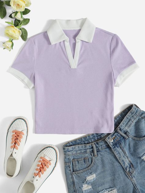 Crop Polo Shirt, Clueless Style, Lilac Blouse, Lavender Shirt, Cropped Polo Shirt, Clueless Fashion, Lavender Tops, Cropped Polo, Purple Crop Top