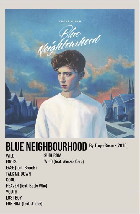 minimal polaroid album poster for blue neighbourhood by troye sivan Troye Sivan Album, Troye Sivan Blue Neighbourhood, Troye Sivan Songs, Polaroid Album, Blue Neighbourhood, Betty Who, Music Poster Ideas, Movie Poster Wall, Minimal Movie Posters