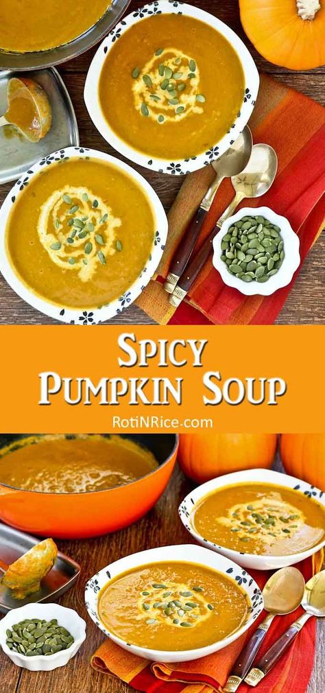 Quick and easy Spicy Pumpkin Soup in 20 minutes. Fresh ginger, curry powder, and ground cinnamon make this soup deliciously warm and comforting. | RotinRice.com #pumpkinsoup #pumpkin #fallrecipes #autumnrecipes Spicy Pumpkin Soup Recipe, Pumpkin And Ginger Soup, Pumpkin Curry Soup, Spicy Soup Recipes, Pumpkin Soup Recipe Easy, Spicy Pumpkin Soup, Spiced Pumpkin Soup, Pumpkin Curry, Pumpkin Soup Recipe