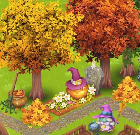 Halloween Hayday Ideas, Hay Day Halloween Design, Hayday Farm Design Halloween, Hay Halloween Decorations, Hay Day Autumn Design, Hayday Farm Design, Spooky Autumn, Halloween Idea, Hay Day