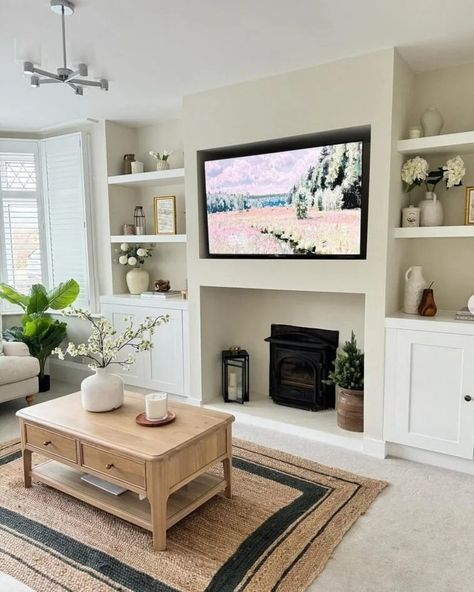 Media Wall With Fire, Fireplace Ideas With Tv, Living Room With Carpet, Room With Carpet, Room Staging, Alcove Ideas Living Room, Alcove Ideas, Media Walls, Lounge Room Styling