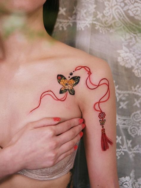 Watercolor Tattoo Back Of Neck, Ac Tattoo, Omamori Tattoo, Charm Tattoo, Fan Tattoo, Dibujos Tattoo, Asian Tattoos, Red Tattoos, Dainty Tattoos