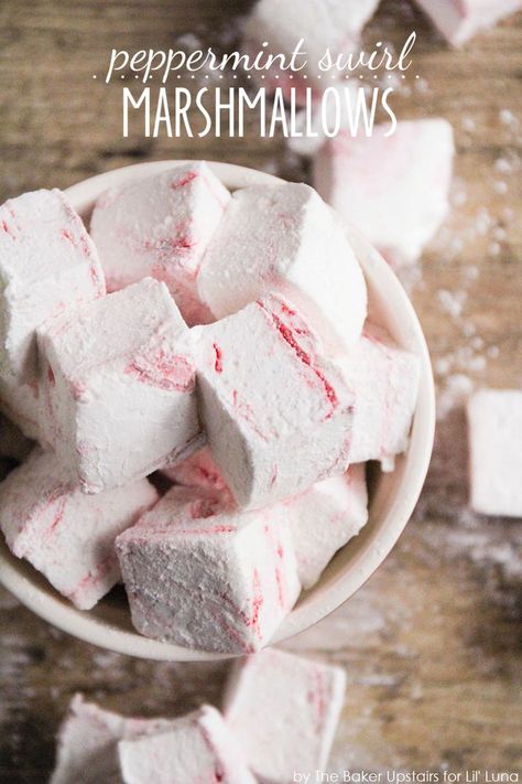 Homemade Peppermint Swirl Marshmallow recipe - a holiday treat that is perfect on it's own or in hot cocoa! These are so soft and are made with peppermint extract, sugar, corn syrup, powdered sugar, and unflavored gelatin. Peppermint Marshmallows Recipe, Homemade Marshmallow Recipe, Marshmallow Recipe, Peppermint Marshmallows, Recipes With Marshmallows, Homemade Marshmallows, Homemade Candies, Candy Making, Holiday Baking