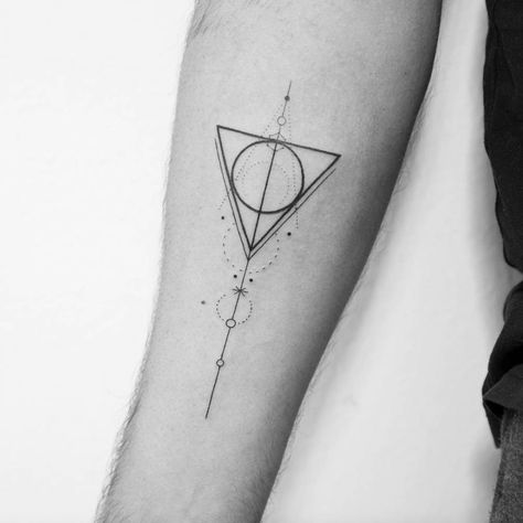 Geometric Deathly Hallows symbol tattoo on the inner Grounded Symbol, Tattoo Designs Male, Male Tattoo Ideas, Tattoo Designs For Guys, Tattoo Ideas Male, 1975 Tattoo, Geometric Tattoo Stencil, Tattoos Male, Male Tattoos