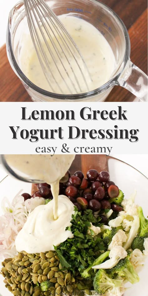 This creamy lemon dressing with Greek yogurt is the easiest homemade salad dressing recipe! It has just 5 essential ingredients and no cooking required. Perfect for tossing with a salad, as a dip/sauce, or as a topping for roasted vegetables. Homemade Greek Yogurt Dressing, Greek Yogurt Lemon Dressing, Yogurt Lemon Dressing, Creamy Greek Salad Dressing Recipe, Cesar Dressing With Greek Yogurt, Yogurt Dressing Recipe Greek, Creamy Yogurt Dressing, Yoghurt Salad Dressing Recipes, Creamy Lemon Dressing Greek Yogurt