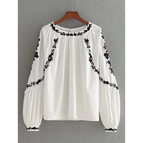 SheIn(sheinside) Lantern Sleeve Embroidered Top (40 BAM) ❤ liked on Polyvore featuring tops, white, collar top, long sleeve tops, embroidery top, white embroidered top and boho chic tops Embroidered Blouses, Embroidered Tops, Mode Boho, Frocks For Girls, Ladies Tops, Embroidered Clothes, Women Long Sleeve Tops, Embroidery Fashion, Loose Blouse