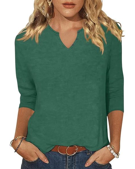 Woffccrd Womens Casual 3/4 Sleeve T-Shirts Button V Neck Summer Tunic Tops Loose Fit Shirts Solid Basic Tops at Amazon Women’s Clothing store Summer Tunic Tops, Nature Workout, Tunics For Women, Tunic Tops Summer, Summer Tunic, Button Shirts, Womens Trendy Tops, Summer Tunics, Half Shirts