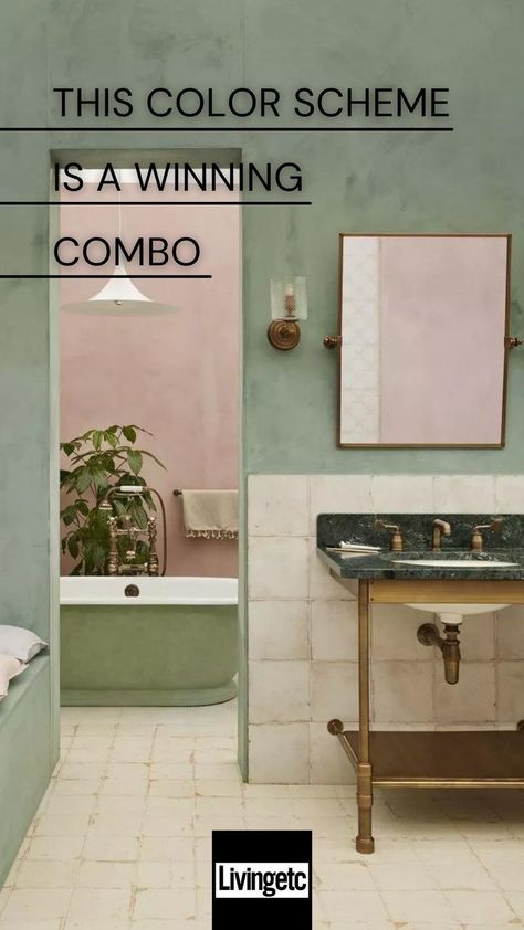 In terms of colors that go with green, we are of the opinion that pink and green should always be seen, so use this complementary color coupling to create chic decorating schemes. #bathroomdesign #greencolorscheme #bathroominspo Pink And Green Bathroom, Green And Pink Bathroom, Green Bathroom Ideas, Bathroom Upstairs, Bathroom Chic, Green Color Schemes, The Color Green, Tropical Wallpaper, Upstairs Bathrooms