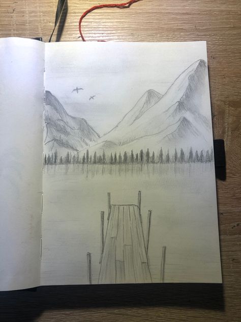 Alaska Drawing Easy, Simple Nature Scene Drawing, Waterfall Drawings Easy, Drawing Ideas Outdoors, Lake Pencil Drawing, Lake Sketch Pencil, Scenic Drawings Easy, Mountain And Lake Drawing, Easy Landscapes To Draw