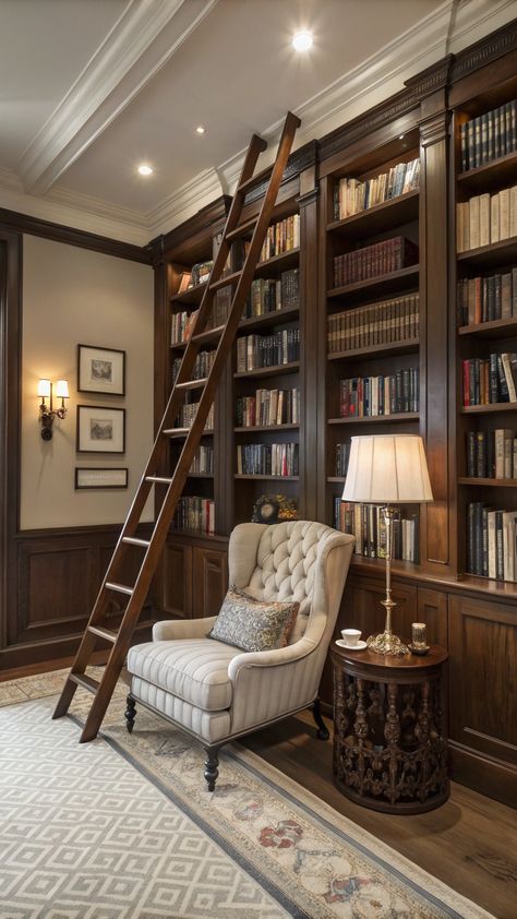 Bonus Room Ideas Ralph Lauren Home Library, Library Decor Aesthetic, Fancy Home Library, Game Room Library, Library Room With Ladder, Small Living Room Library, Bonus Room Built Ins, Study Library Room Ideas, Library And Study Room