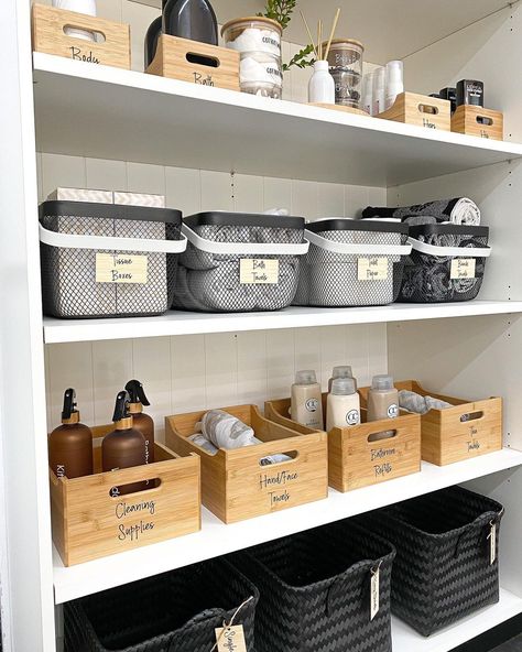 Cleaning Cupboard, Bamboo Storage, Pantry Organisation, Small Tub, Storage Tubs, House Organisation, Linen Cupboard, Fridge Storage, Kitchen Organisation