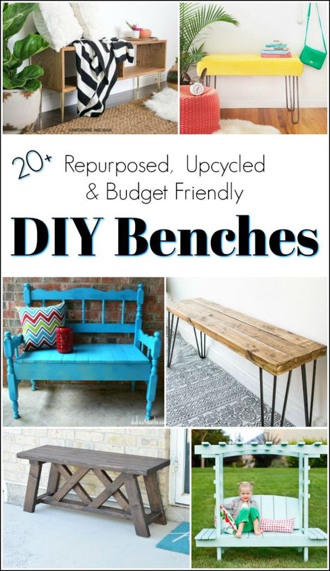 Build your own bench, upcycle an old headboard or if you prefer painted furniture this collection of repurposed, upcycled & DIY benches has it all. Bench Upcycle, Benches Diy, Furniture Recycle, Diy Benches, Farm Bench, Diy Bench Seat, Diy Bank, Crib Decor, Diy Furniture Chair