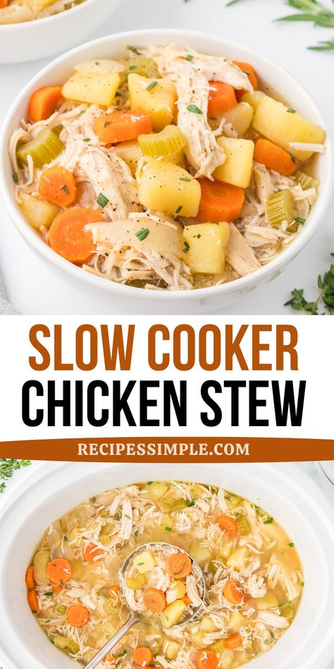 This delicious and hearty Slow Cooker Chicken Stew combines juicy chicken with a mix of hearty vegetables in a rich, flavorful broth. Easy chicken slow chicken cooker recipe! Chicken And Carrot Crockpot Recipes, Slow Cooker White Wine Chicken Stew, Chicken Stew Crockpot Easy, Chicken And Vegetable Stew Recipes, Crockpot Stewed Chicken, Healthy Chicken Stew Crockpot, Slow Cooker Chicken Stew Recipes Healthy, Chicken Stew Recipe Crockpot, Chicken Stew Recipe Stove Top