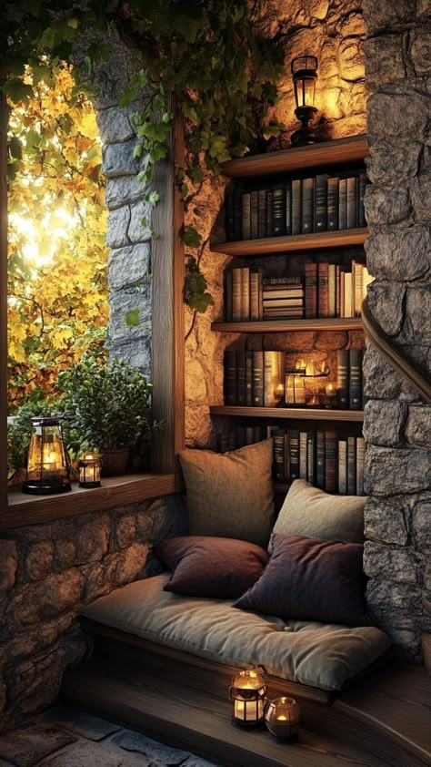 Cottage Core Book Nook, Snow White Cottage Interior, Cosy Book Nook, Cottage Reading Nook, Old Castle Interior, White Cottage Interiors, Fairytale Library, Medieval Library, Hygge Autumn